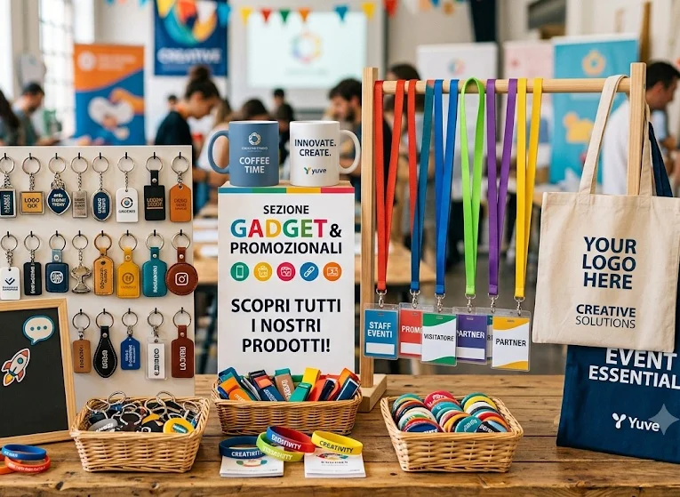 Articoli promozionali personalizzati esposti su un tavolo