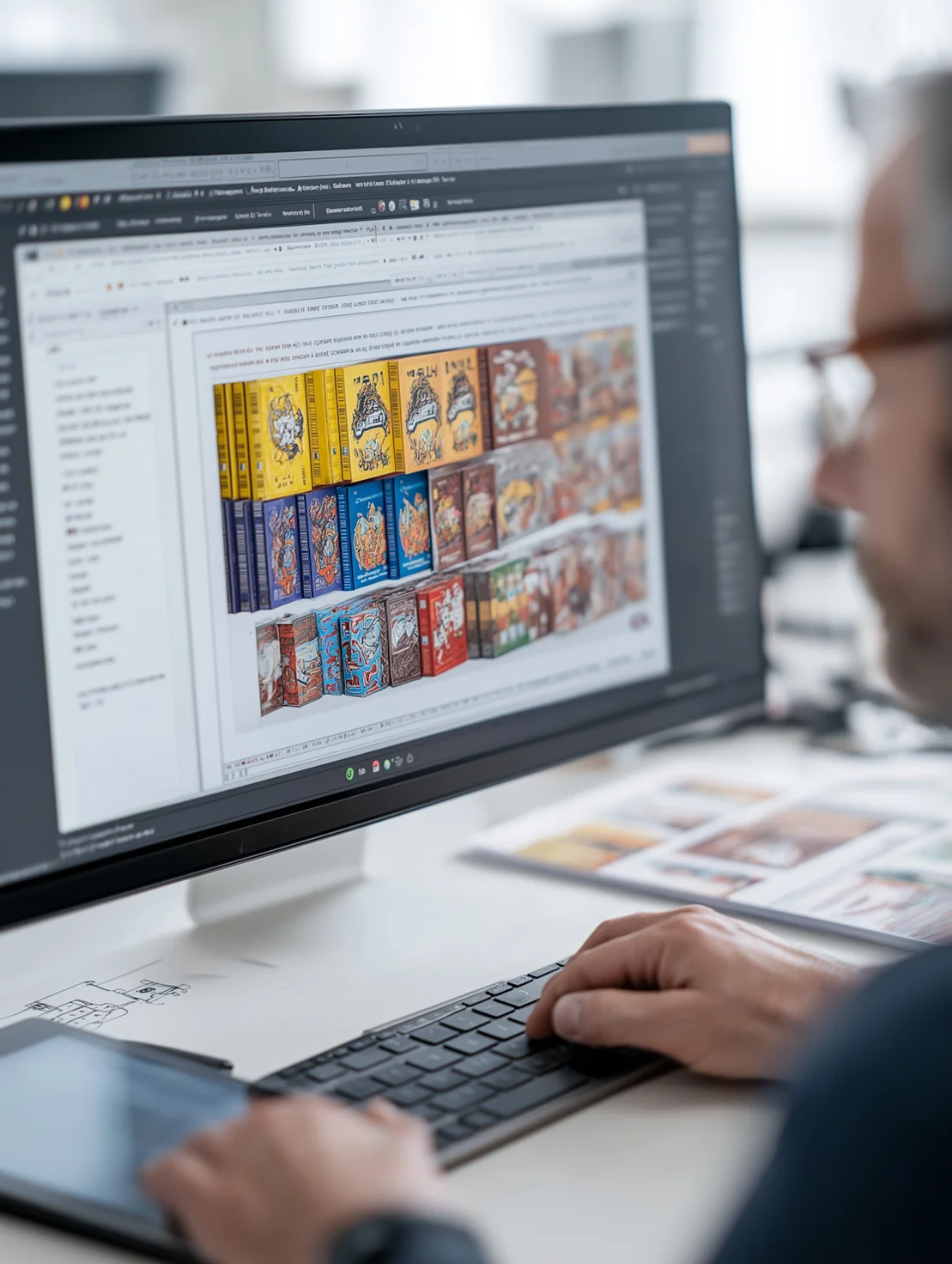 Grafico che lavora a una personalizzazione di bandiere e gadget